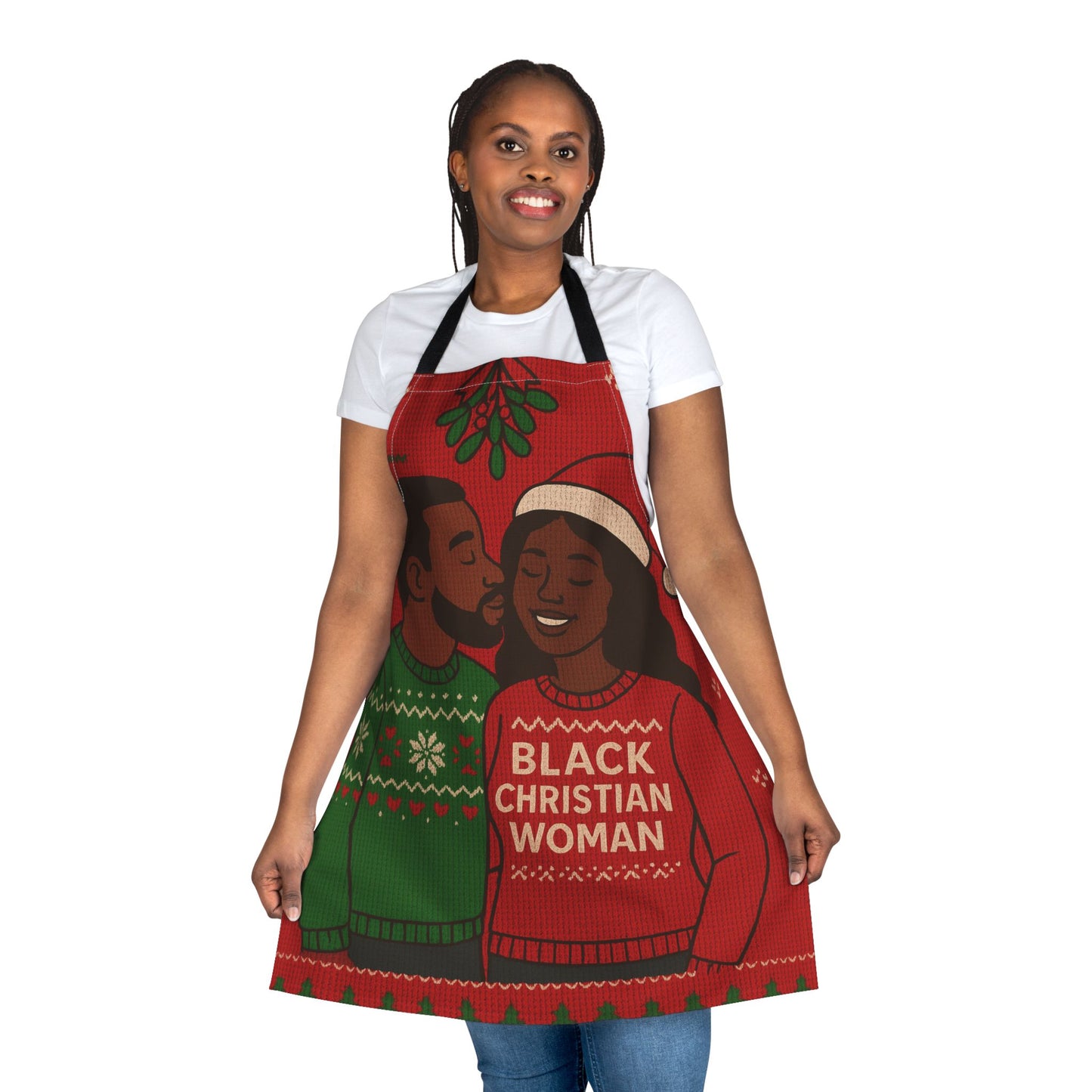 Black Christian Woman Sweater Apron | Couples Christmas Mistletoe Kitchen