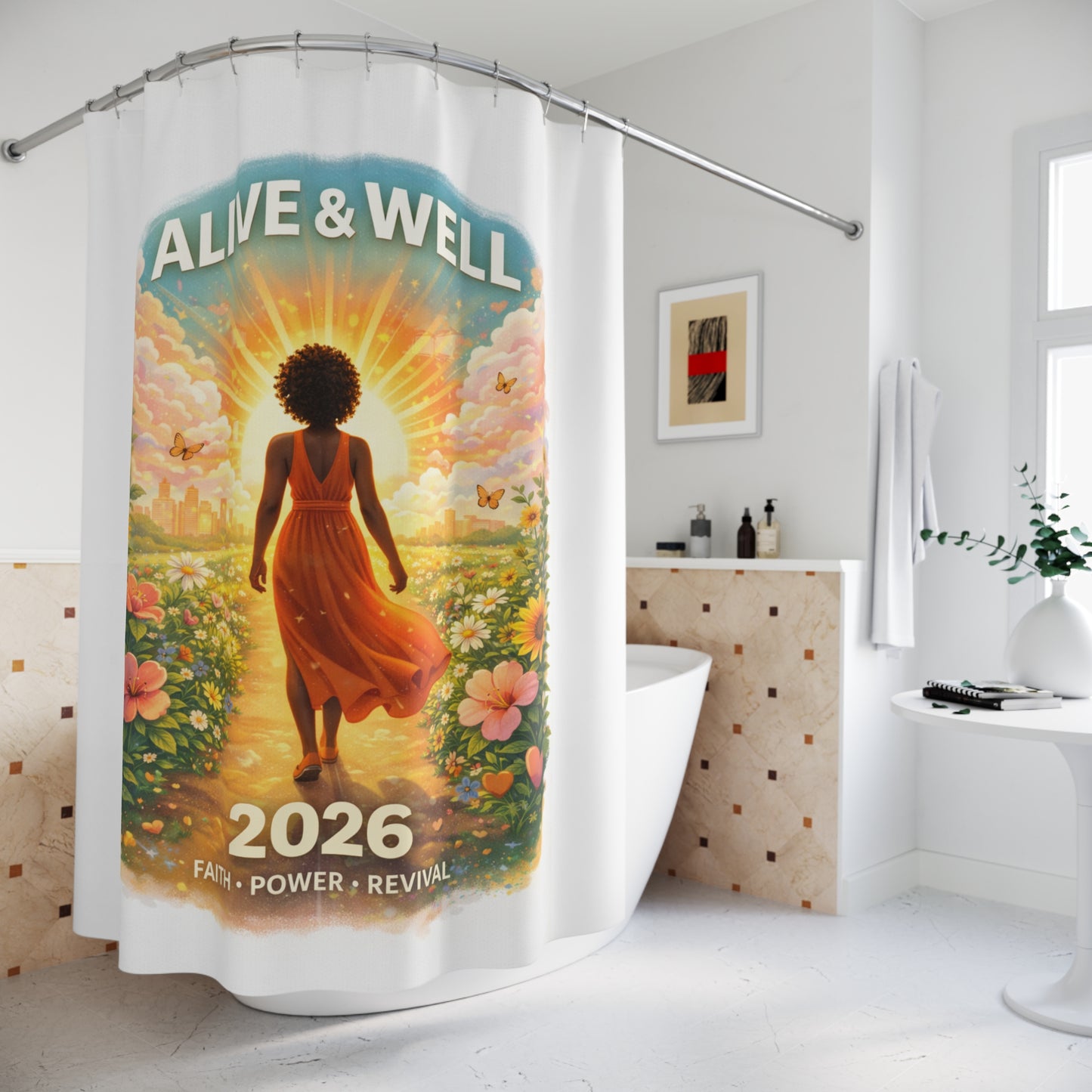 Alive & Well 2026 Shower Curtain - Inspirational Wellness Bathroom Decor with Faith Message
