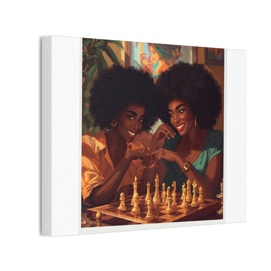 Sisters Playing Chess Canvas Print- Black Art Wall Decor