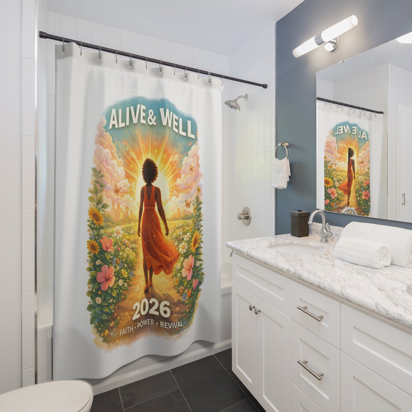 Alive & Well 2026 Shower Curtain - Inspirational Wellness Bathroom Decor with Faith Message