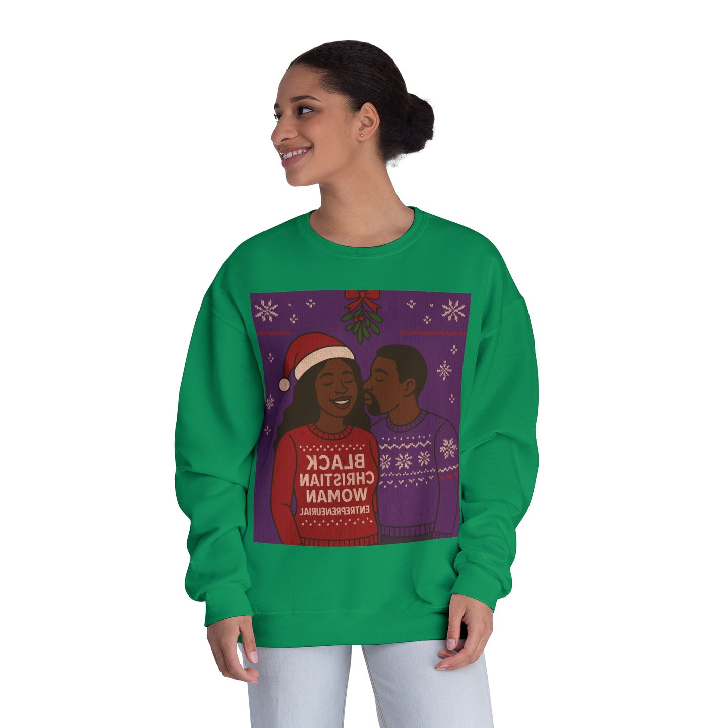 Black Christmas Woman Couple Sweatshirt | Holiday Mistletoe Illustration