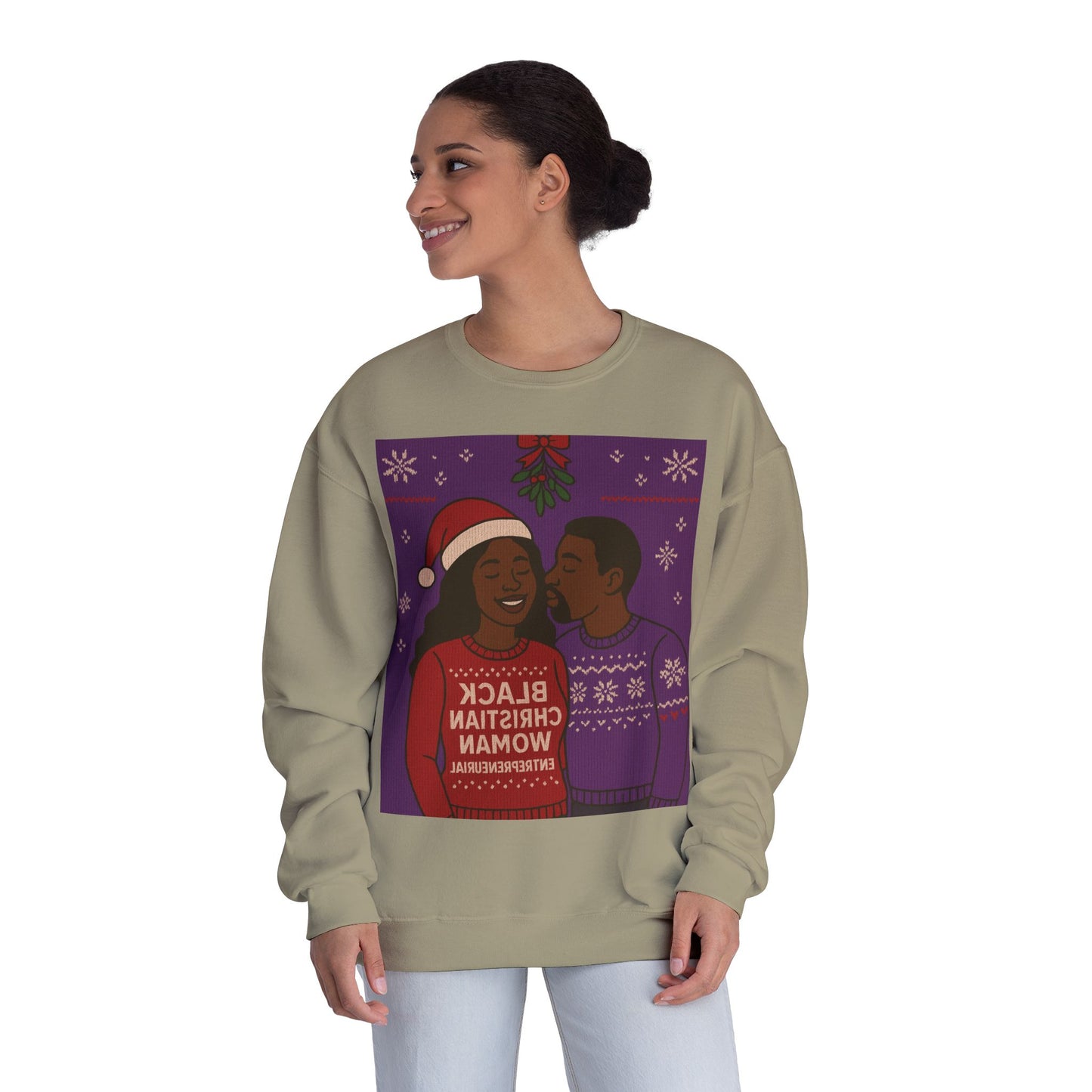 Black Christmas Woman Couple Sweatshirt | Holiday Mistletoe Illustration