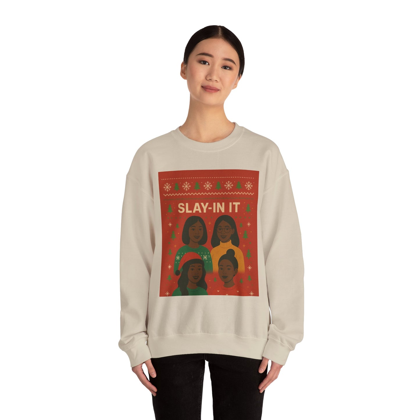 Slay-In It illustration crewneck sweatshirt | Black women holiday sweater design