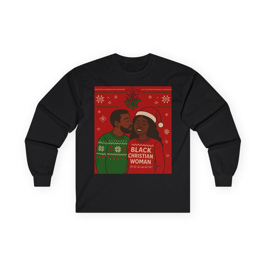Black Christian Woman Christmas couple illustration Long Sleeve Tee | Holiday mistletoe