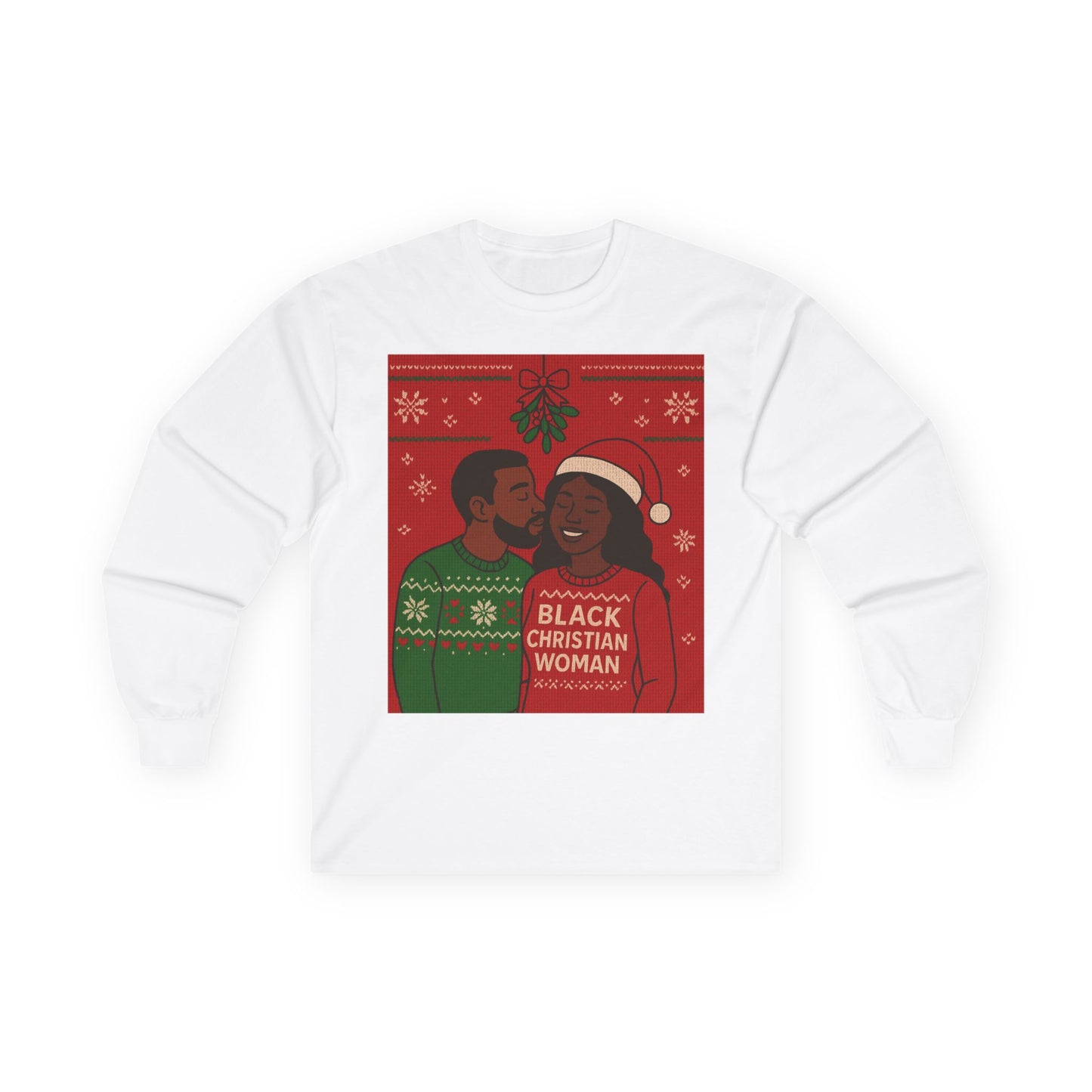 Black Christian Woman Christmas couple illustration Long Sleeve Tee | Holiday mistletoe