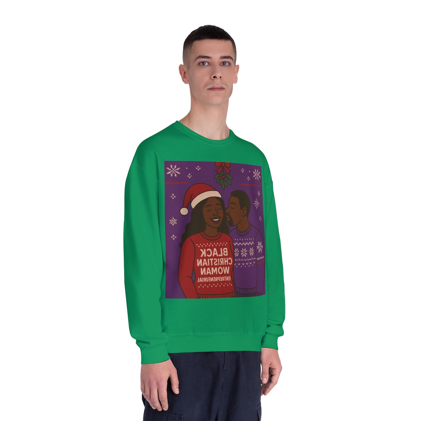 Black Christmas Woman Couple Sweatshirt | Holiday Mistletoe Illustration