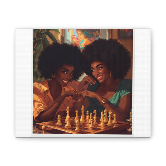 Sisters Playing Chess Canvas Print- Black Art Wall Decor