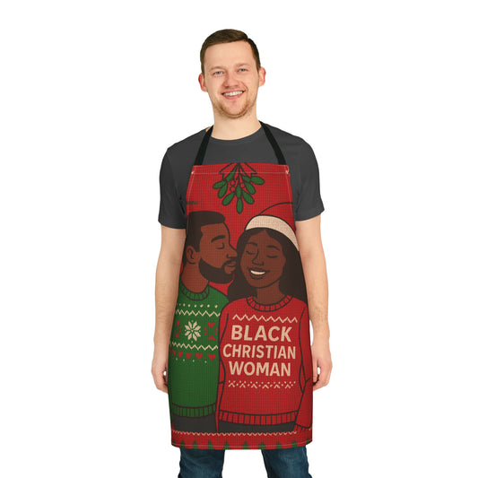 Black Christian Woman Sweater Apron | Couples Christmas Mistletoe Kitchen