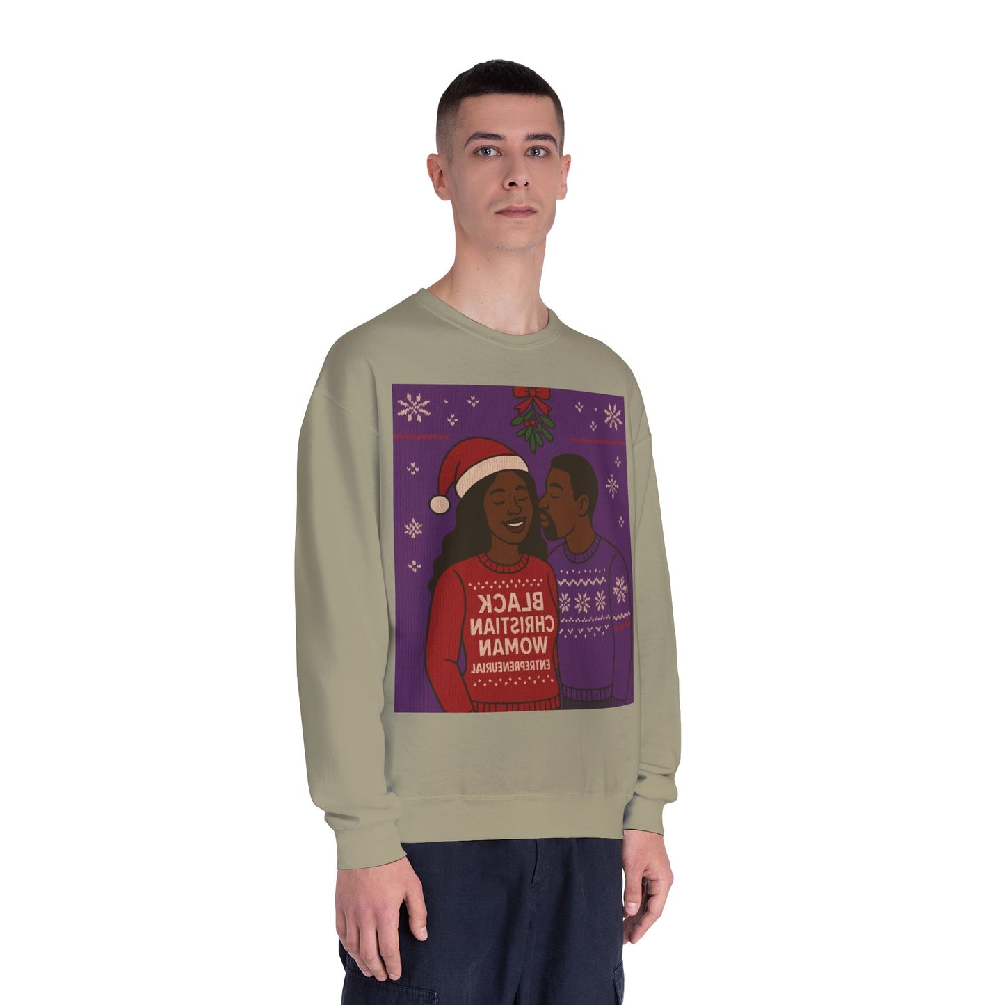 Black Christmas Woman Couple Sweatshirt | Holiday Mistletoe Illustration