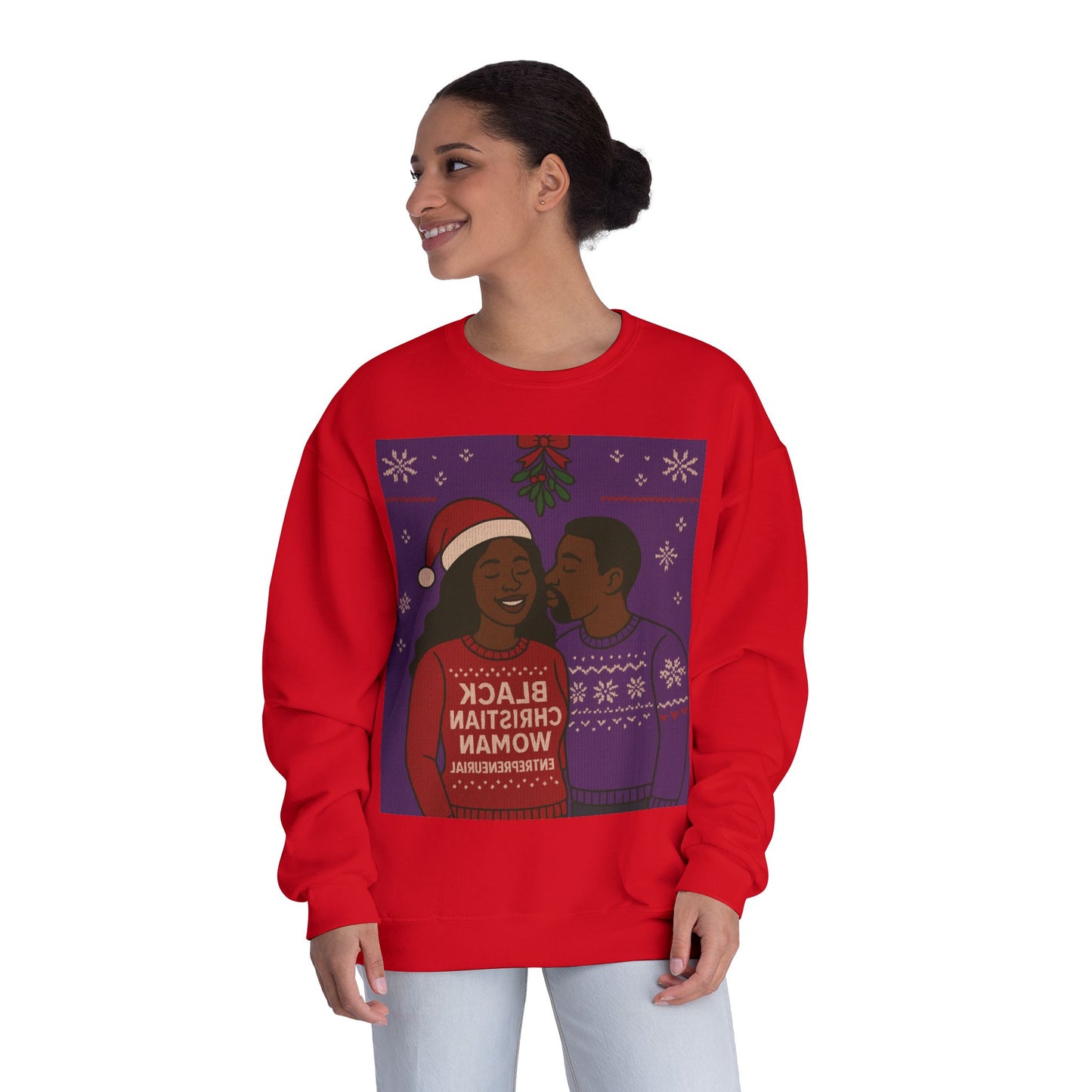 Black Christmas Woman Couple Sweatshirt | Holiday Mistletoe Illustration