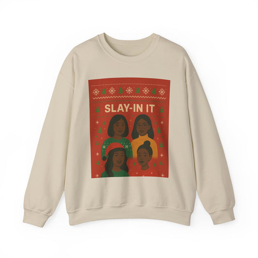 Slay-In It illustration crewneck sweatshirt | Black women holiday sweater design