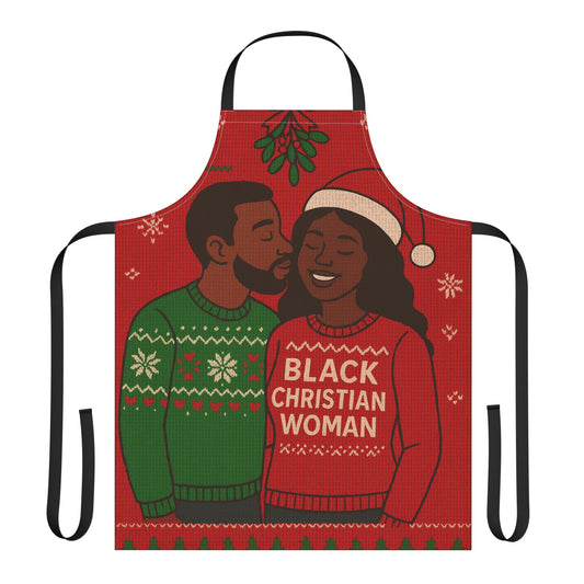 Black Christian Woman Sweater Apron | Couples Christmas Mistletoe Kitchen