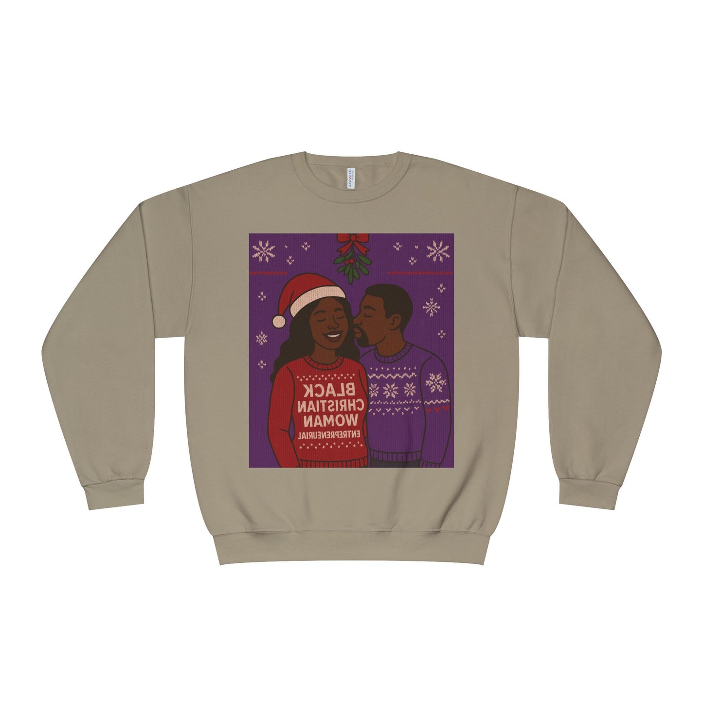 Black Christmas Woman Couple Sweatshirt | Holiday Mistletoe Illustration