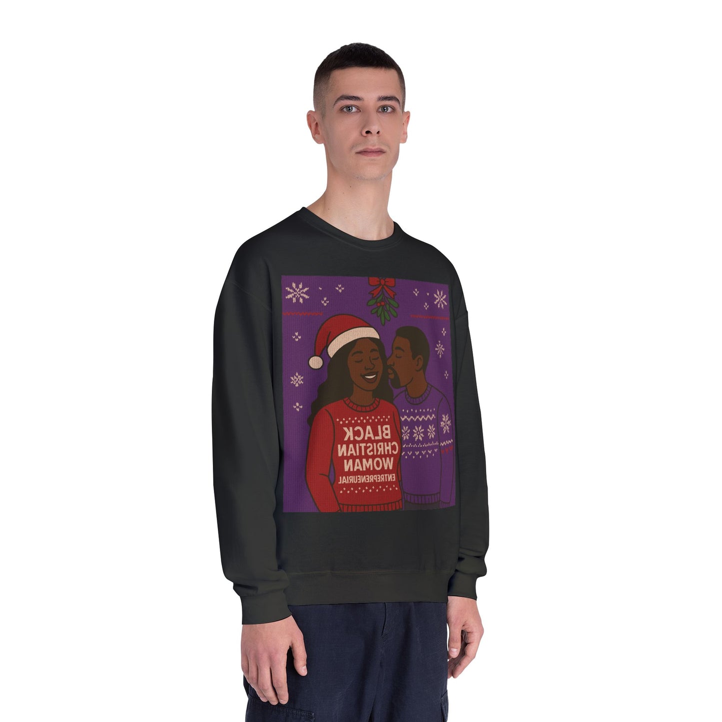 Black Christmas Woman Couple Sweatshirt | Holiday Mistletoe Illustration