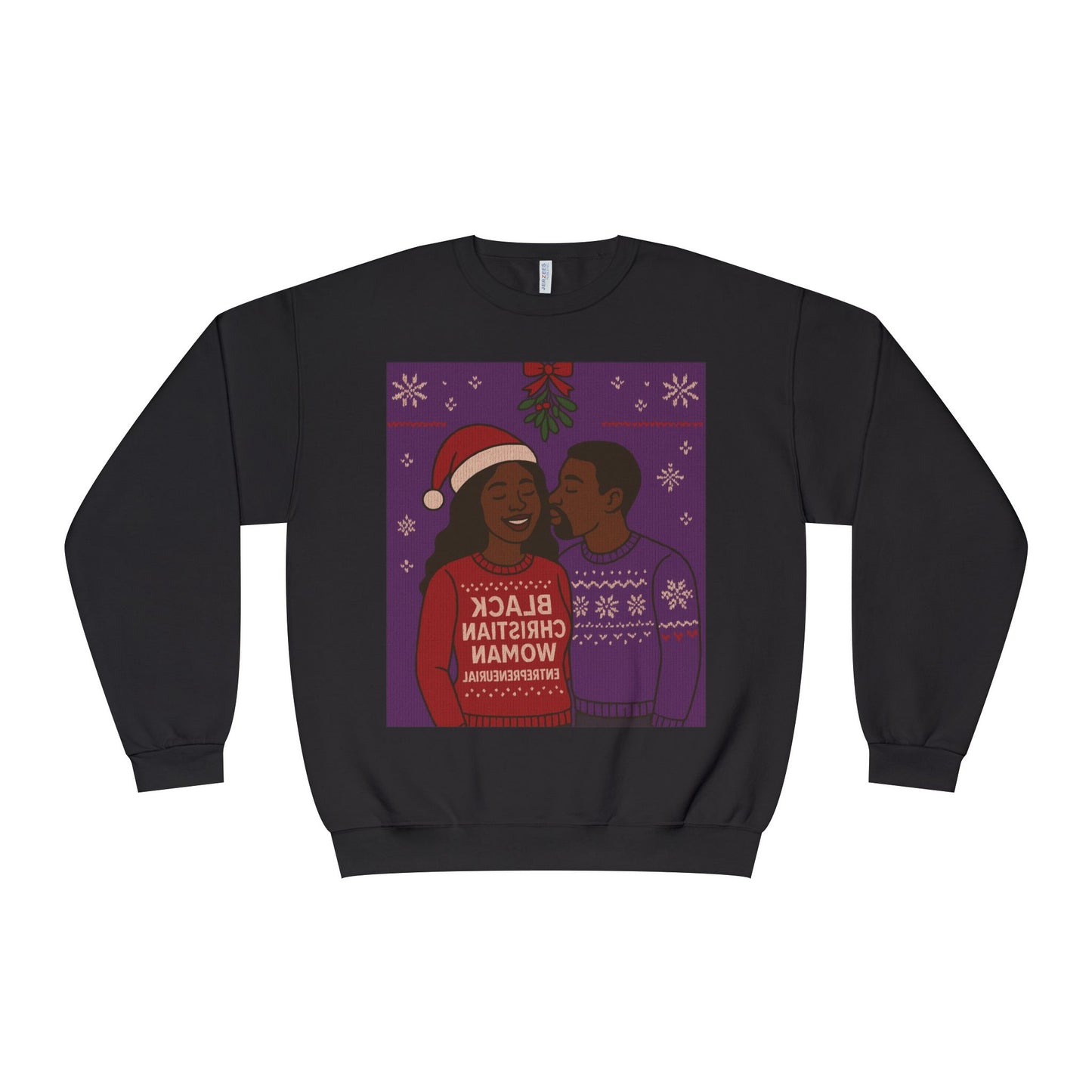 Black Christmas Woman Couple Sweatshirt | Holiday Mistletoe Illustration