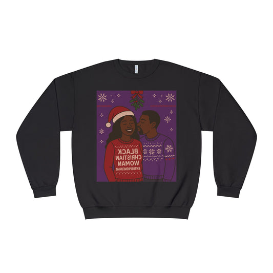 Black Christmas Woman Couple Sweatshirt | Holiday Mistletoe Illustration