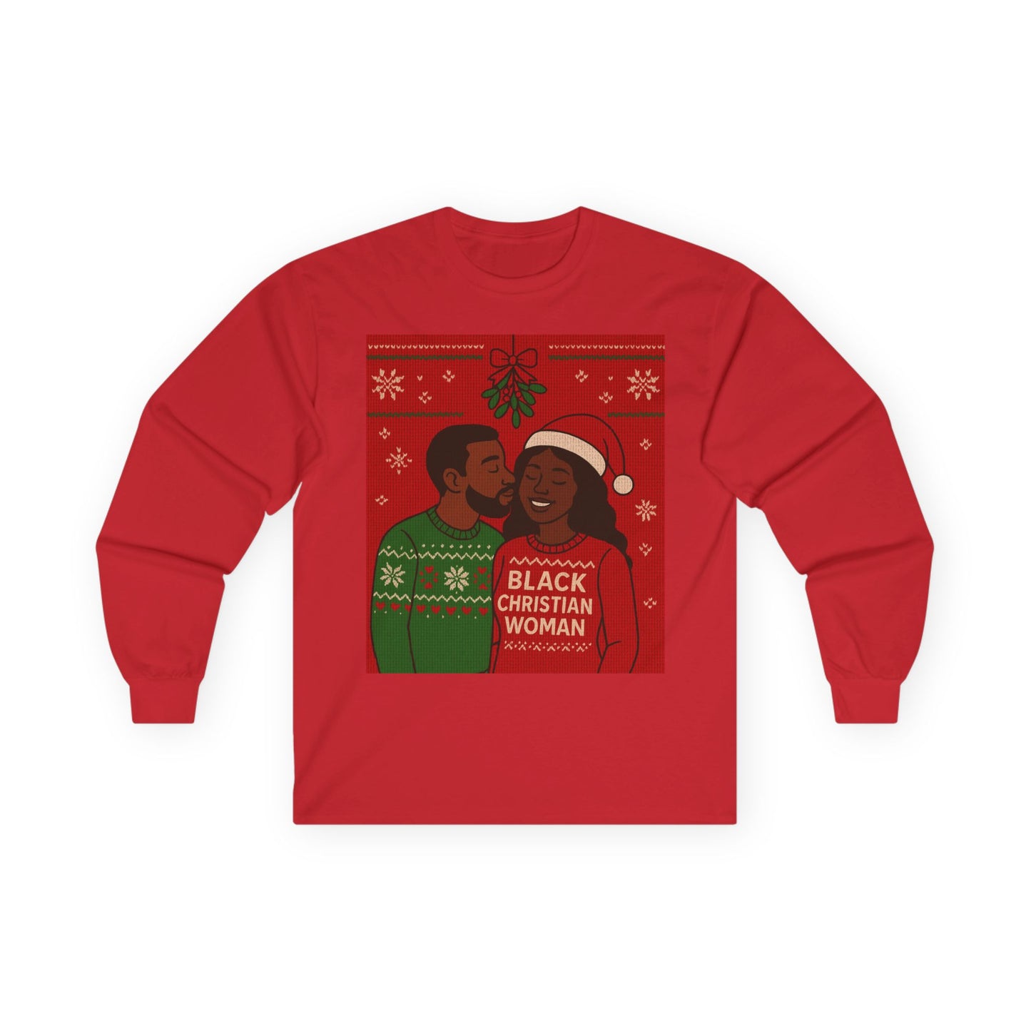Black Christian Woman Christmas couple illustration Long Sleeve Tee | Holiday mistletoe