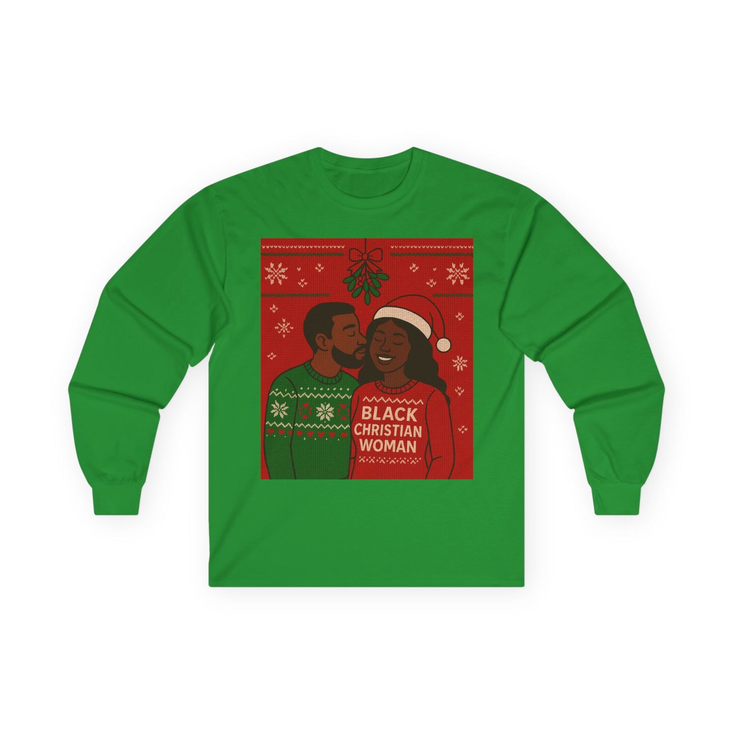 Black Christian Woman Christmas couple illustration Long Sleeve Tee | Holiday mistletoe