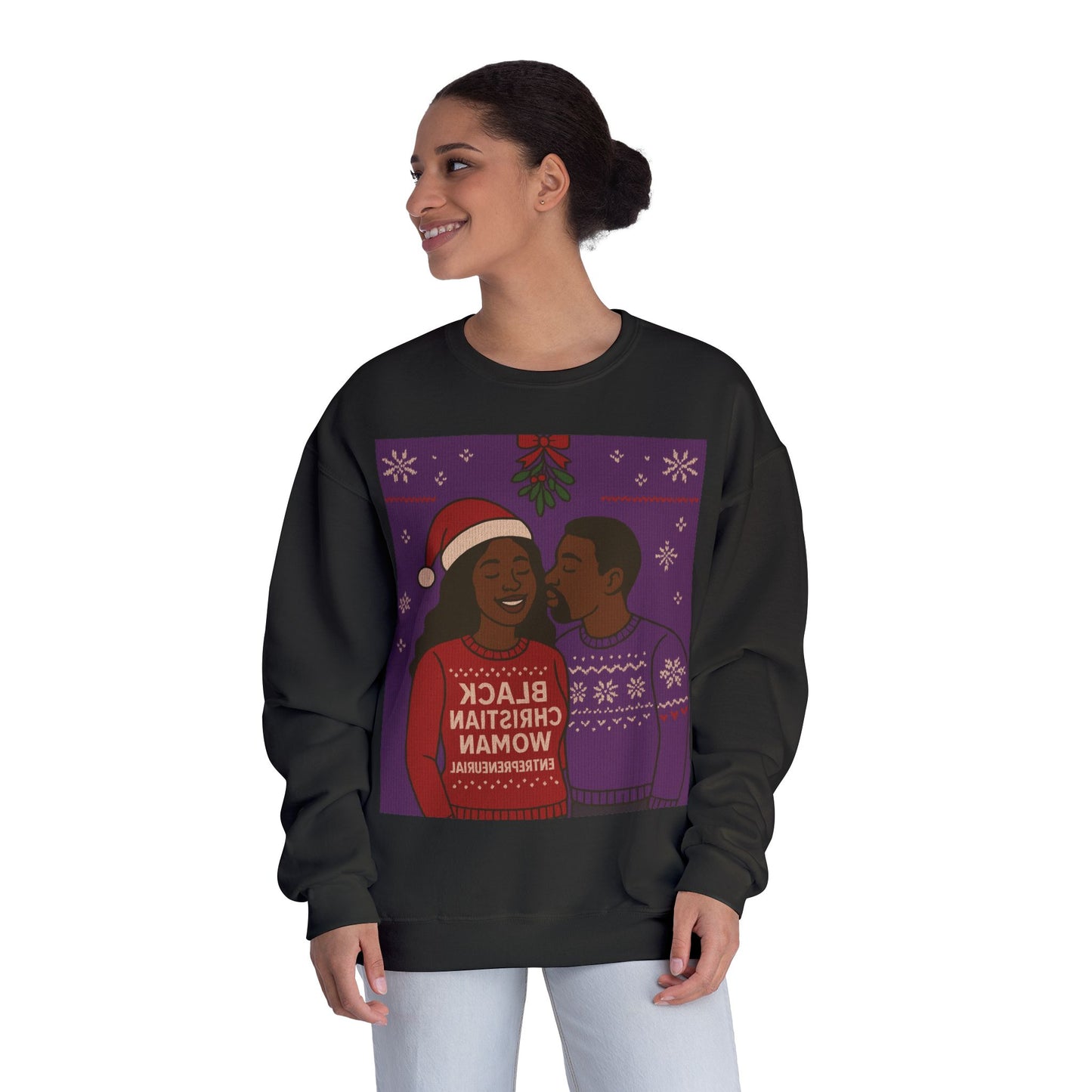 Black Christmas Woman Couple Sweatshirt | Holiday Mistletoe Illustration